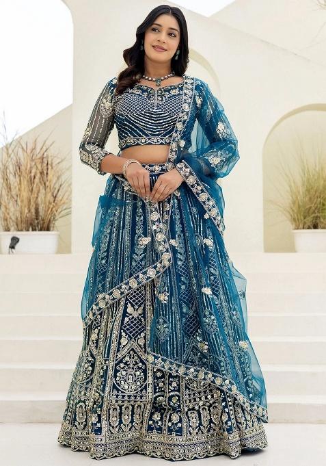Blue Sequins Net Lehenga Set — view on Indya