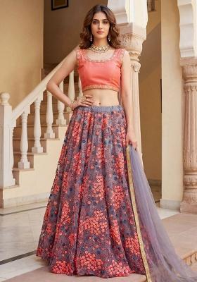 Grey Embroidery Net Lehenga Set