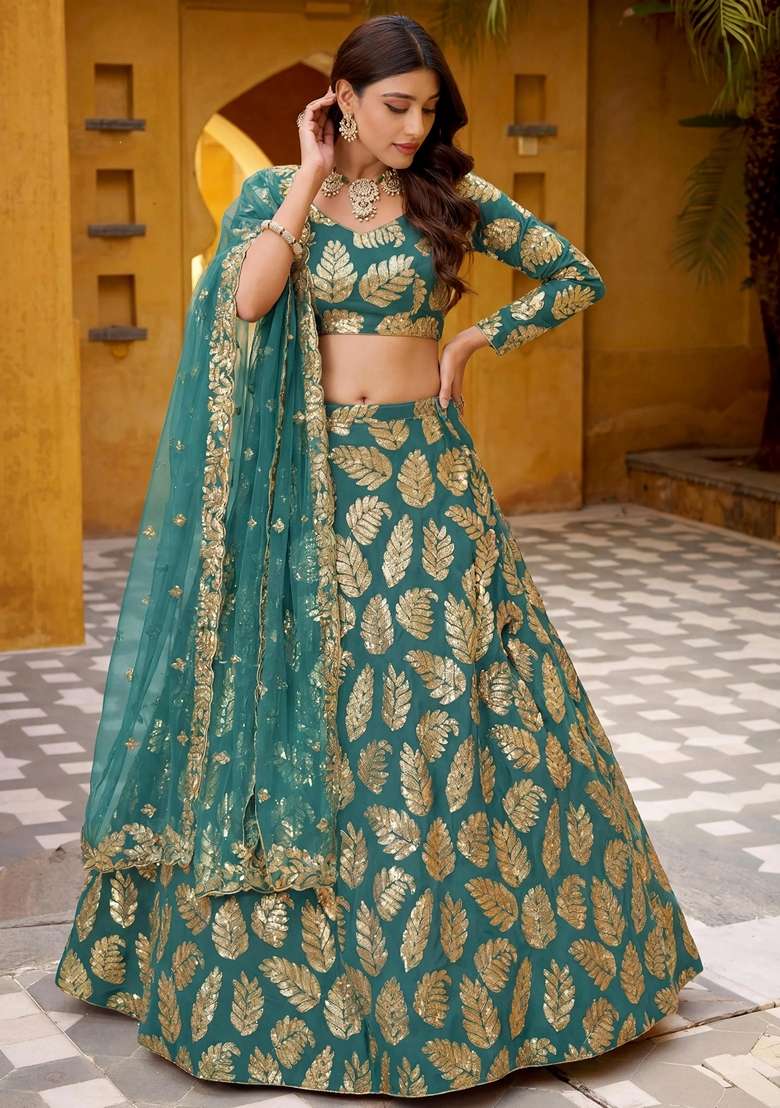 Green Georgette Lehenga Set with Embroidery for Diwali | Wedding & Festive Wear - Indya