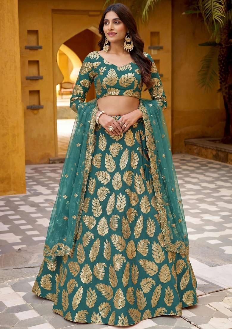 Green Georgette Lehenga Set with Embroidery for Diwali | Wedding & Festive Wear - Indya