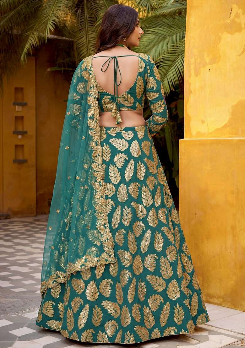 Green Georgette Lehenga Set with Embroidery for Diwali | Wedding & Festive Wear - Indya