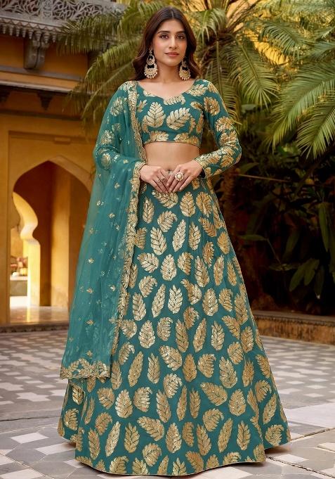 Green Embroidery Georgette Lehenga Set