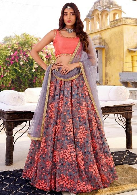 Grey Embroidery Net Lehenga Set