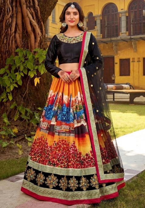 Multicolor Embroidery Silk Lehenga Set