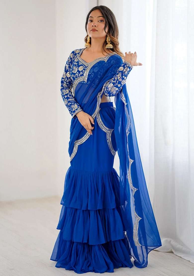 Blue Embroidery Georgette Lehenga Set - Indya