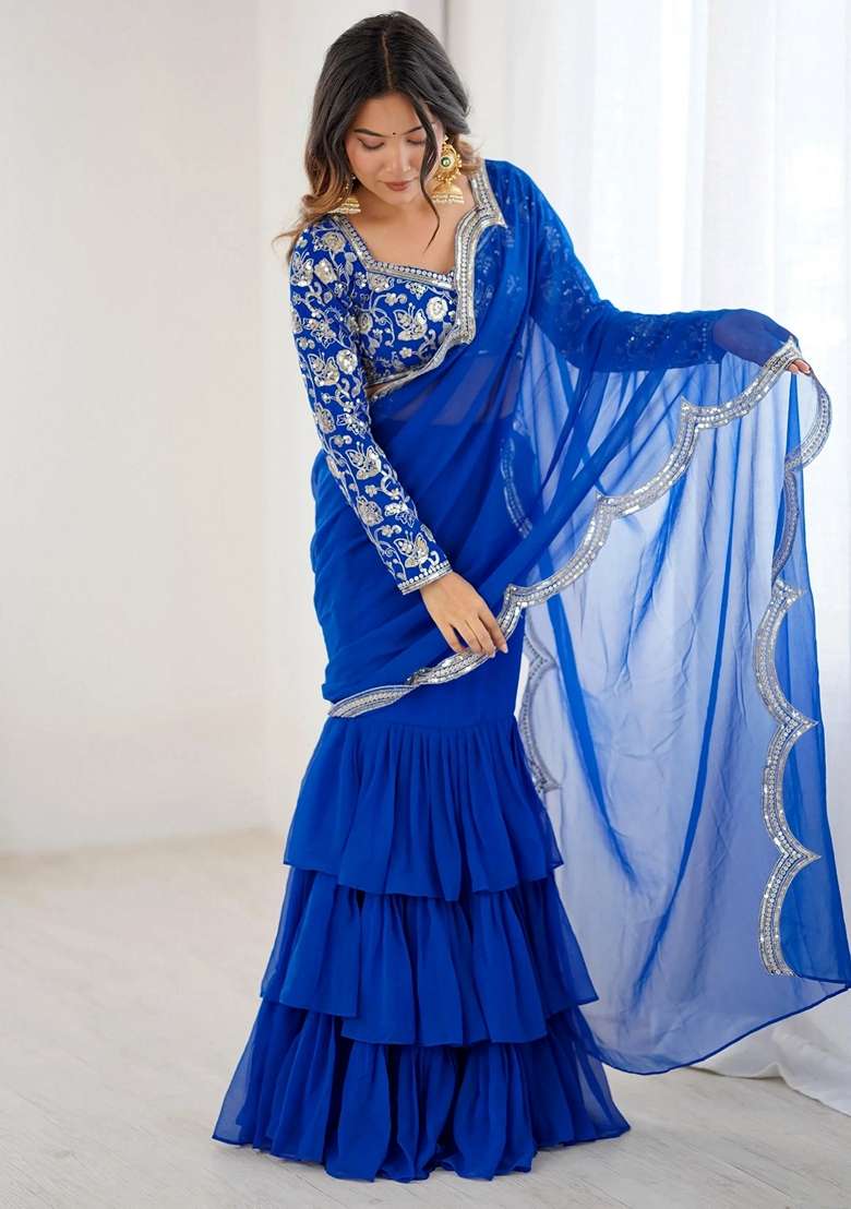 Blue Embroidery Georgette Lehenga Set - Indya