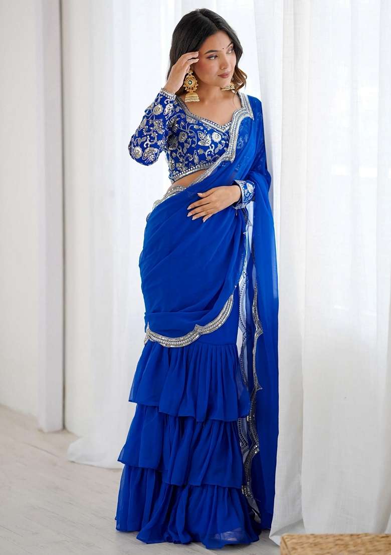 Blue Embroidery Georgette Lehenga Set - Indya