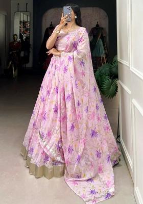 Purple Floral Print Silk Blend Lehenga Set