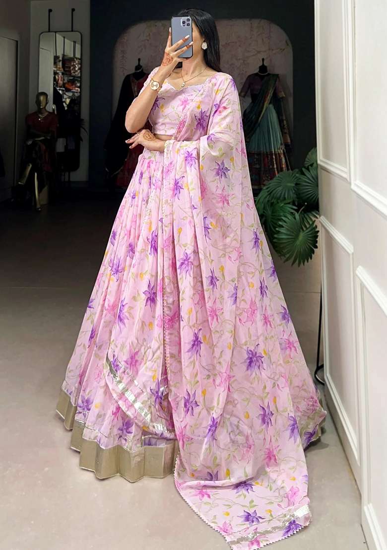 Purple Floral Print Silk Blend Lehenga Set - Indya