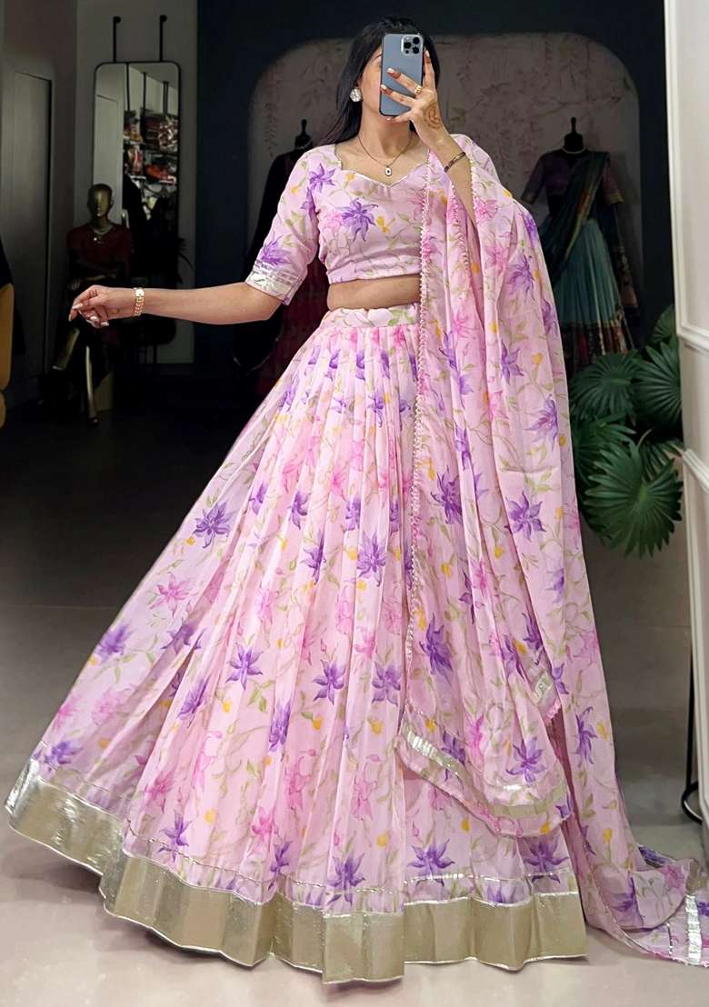 Purple Floral Print Silk Blend Lehenga Set - Indya