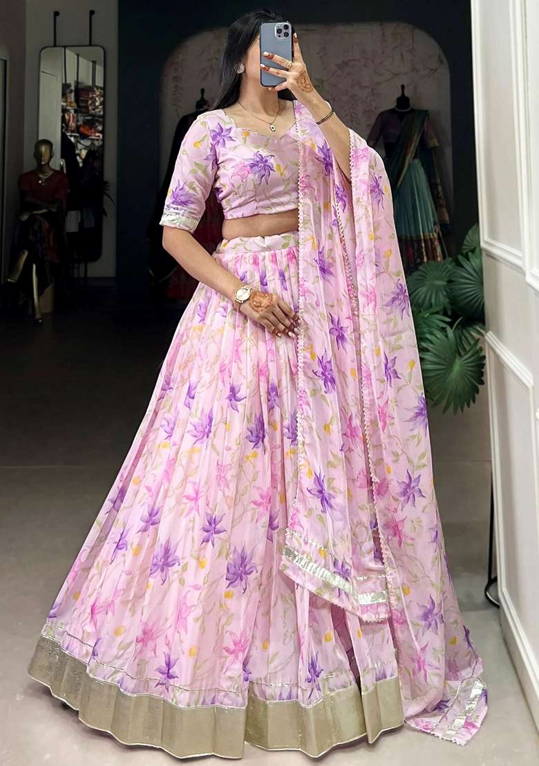 Purple Floral Print Silk Blend Lehenga Set - Indya