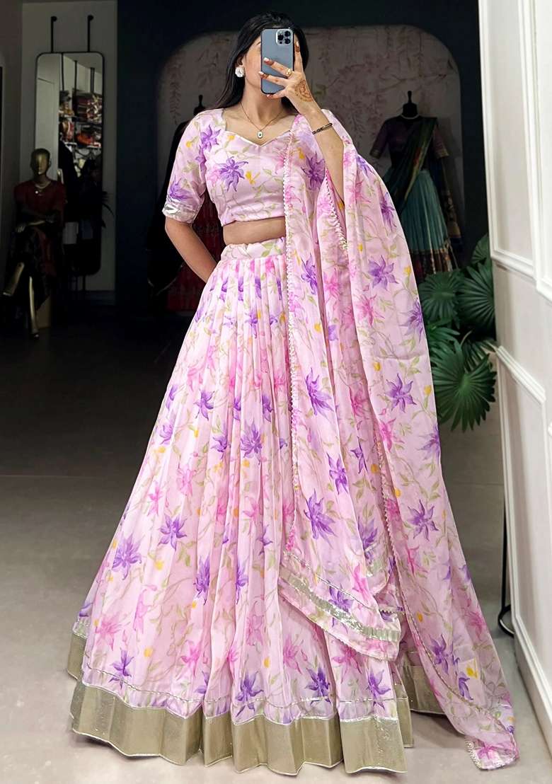 Purple Floral Print Silk Blend Lehenga Set - Indya