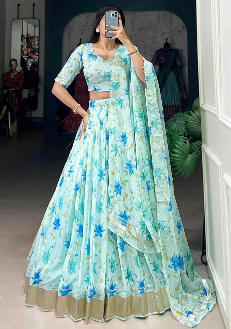 Blue Floral Print Silk Blend Lehenga Set - Indya