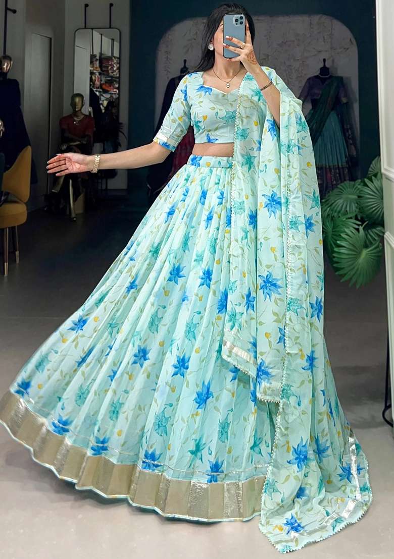 Blue Floral Print Silk Blend Lehenga Set - Indya