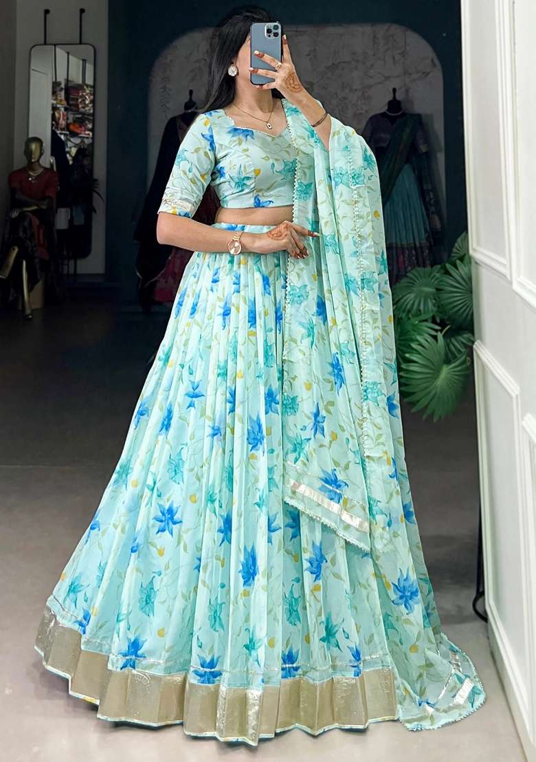 Blue Floral Print Silk Blend Lehenga Set - Indya