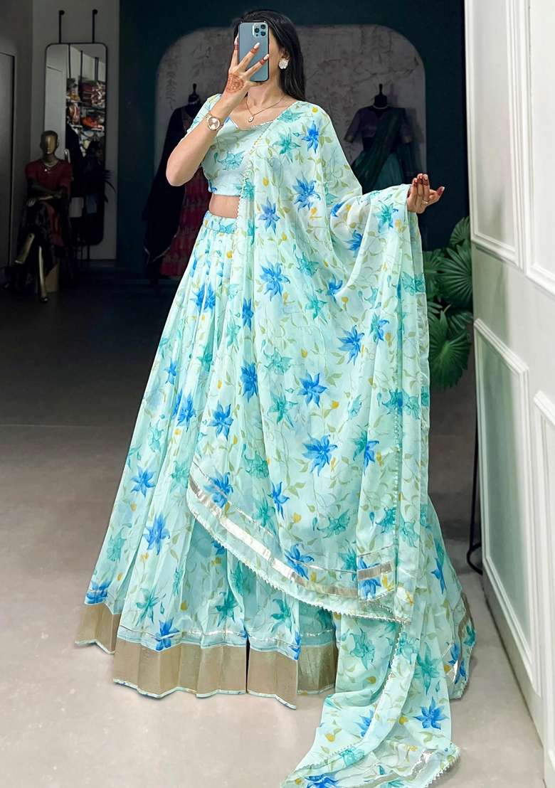 Blue Floral Print Silk Blend Lehenga Set - Indya