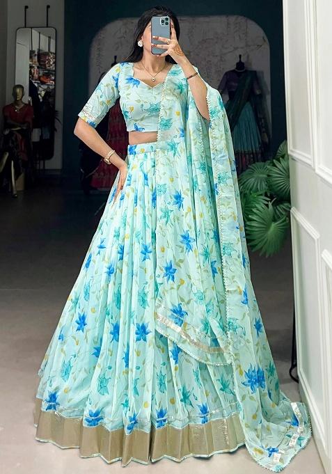 Blue Floral Print Silk Lehenga Set — view on Indya