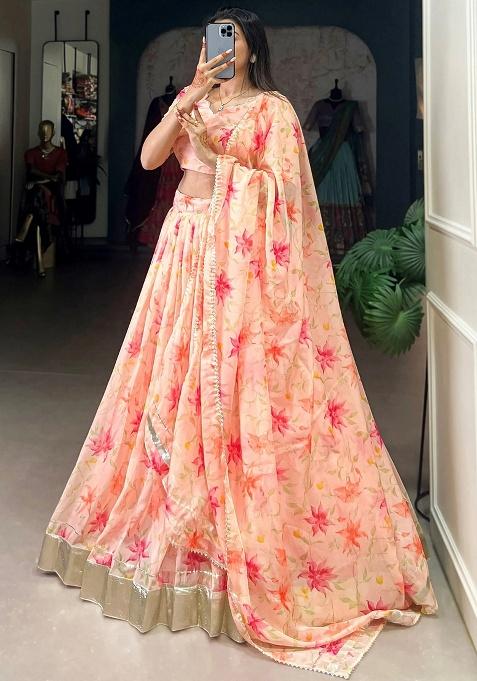 Peach Floral Print Silk Lehenga Set — view on Indya