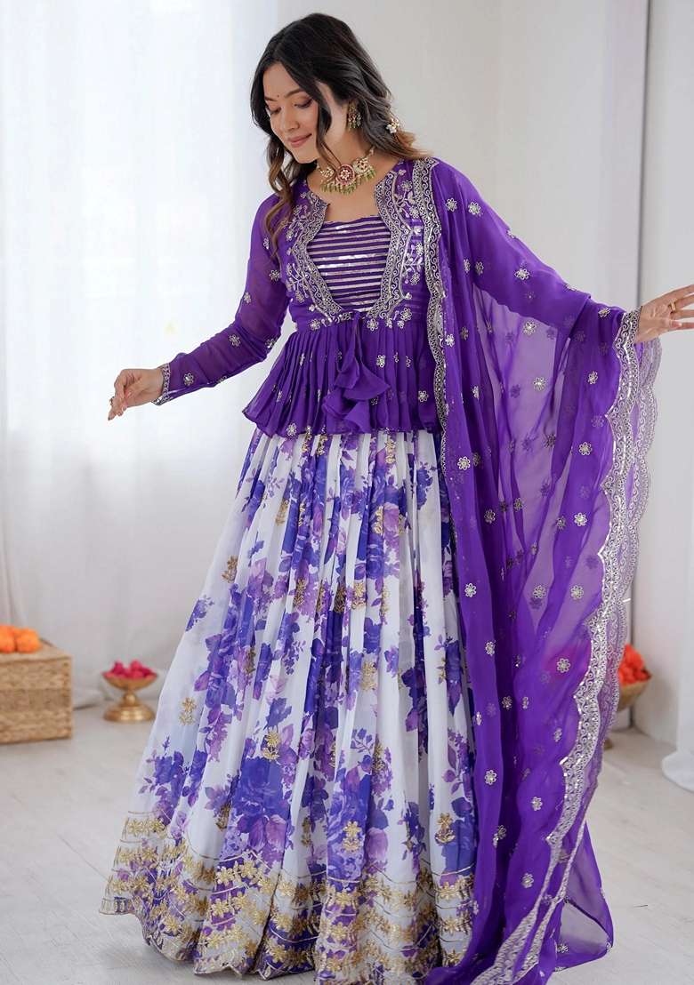 Purple Embroidery Georgette Lehenga Set - Indya
