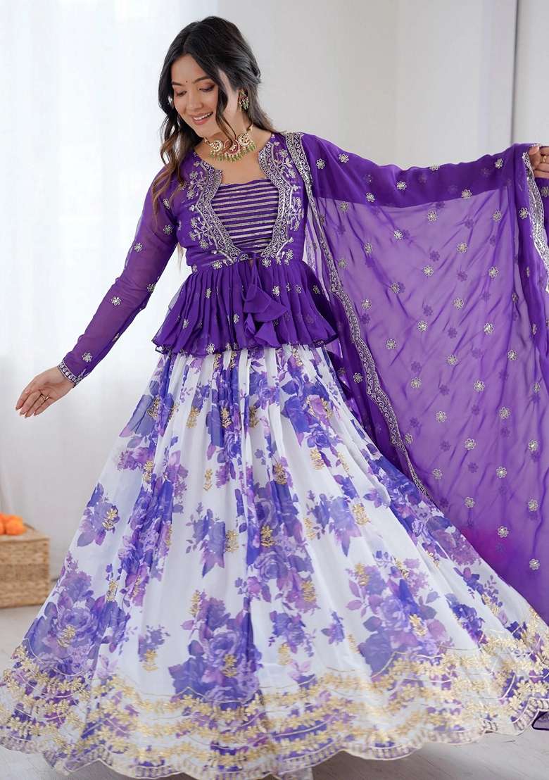 Purple Embroidery Georgette Lehenga Set - Indya