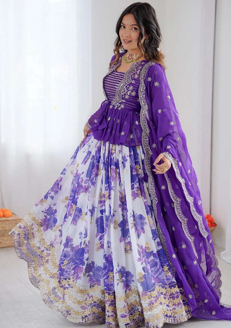 Purple Embroidery Georgette Lehenga Set - Indya