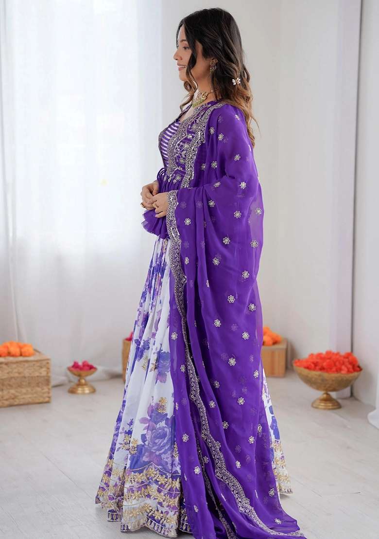 Purple Embroidery Georgette Lehenga Set - Indya