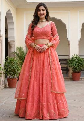 Peach Embroidery Georgette Lehenga Set
