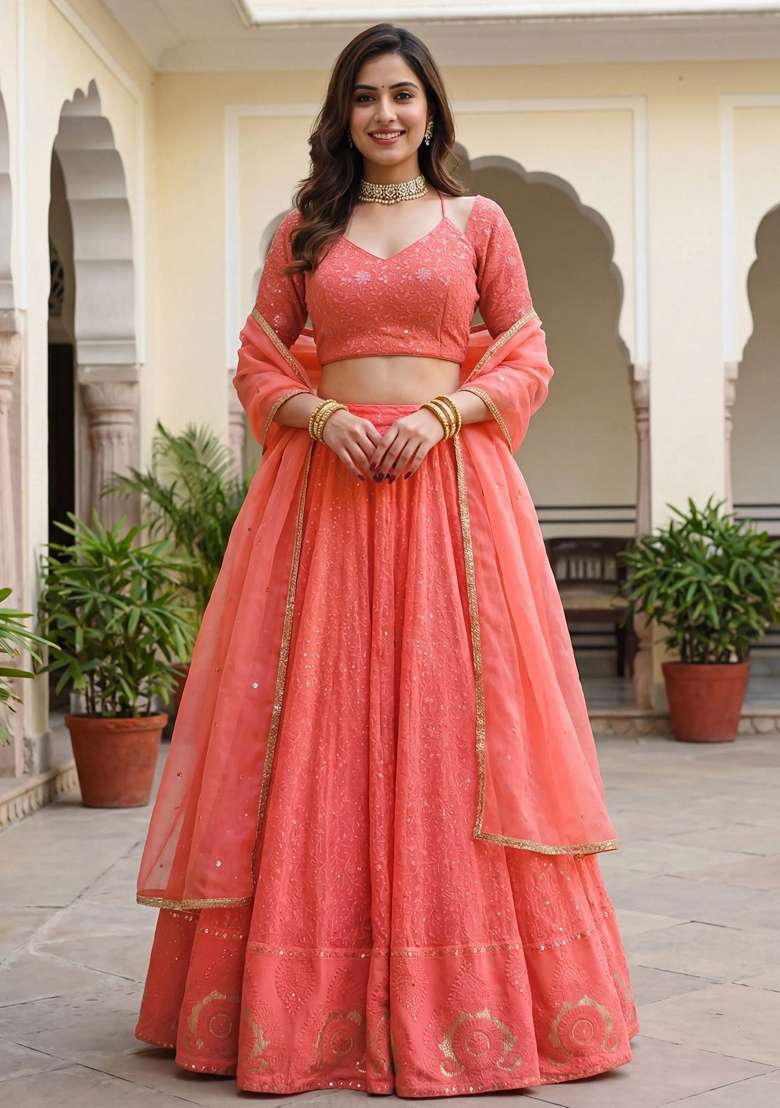 Peach Embroidery Georgette Lehenga Set for Diwali and Festive Wear - Indya