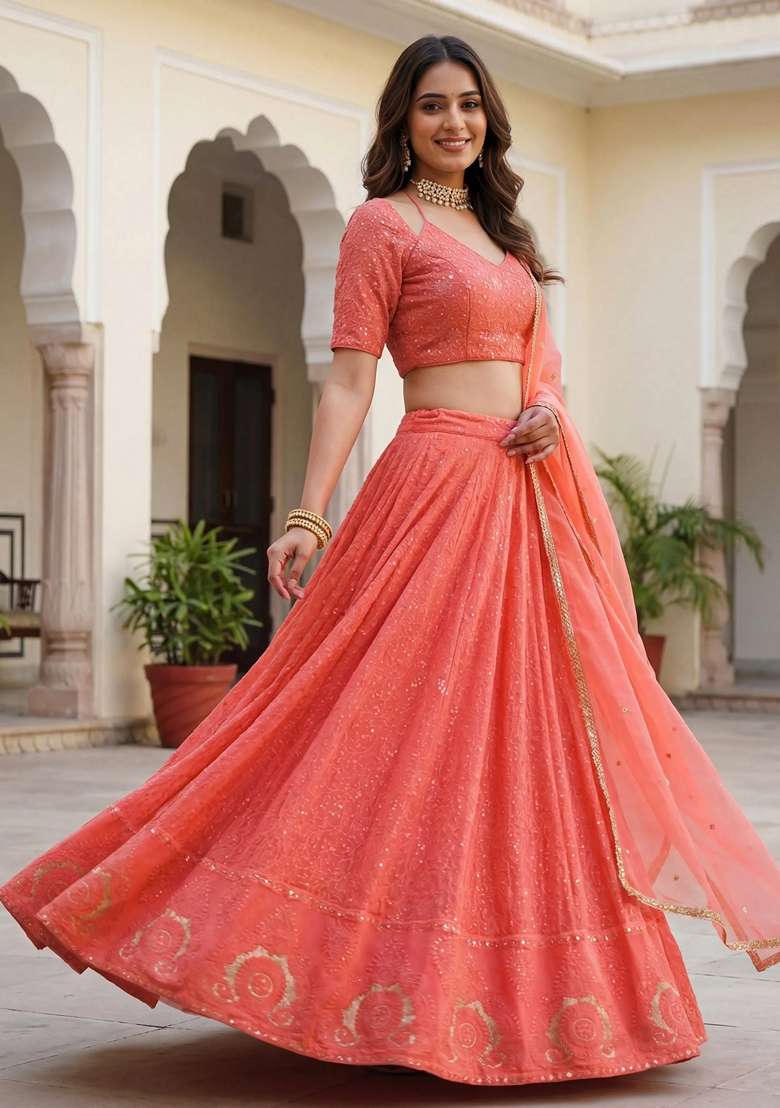 Peach Embroidery Georgette Lehenga Set for Diwali and Festive Wear - Indya