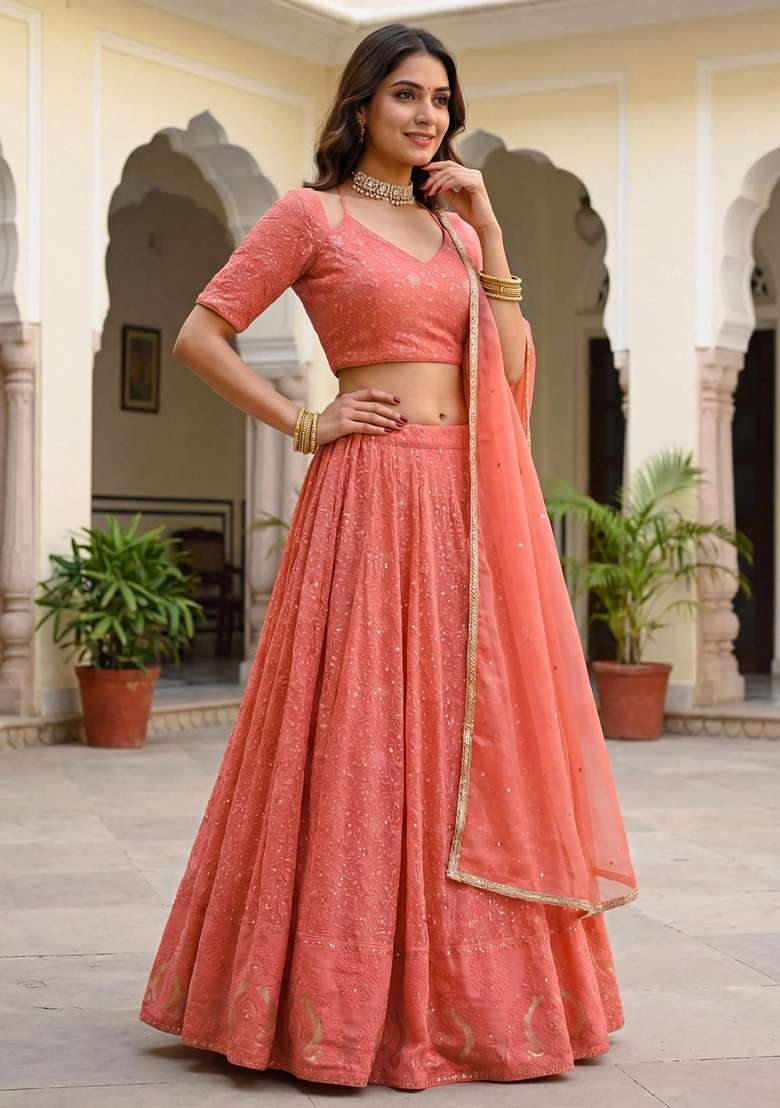 Peach Embroidery Georgette Lehenga Set for Diwali and Festive Wear - Indya