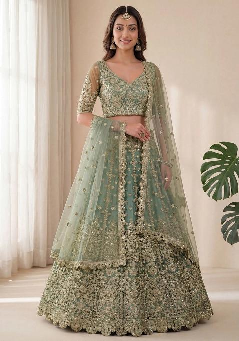 Green Sequins Net Lehenga Set