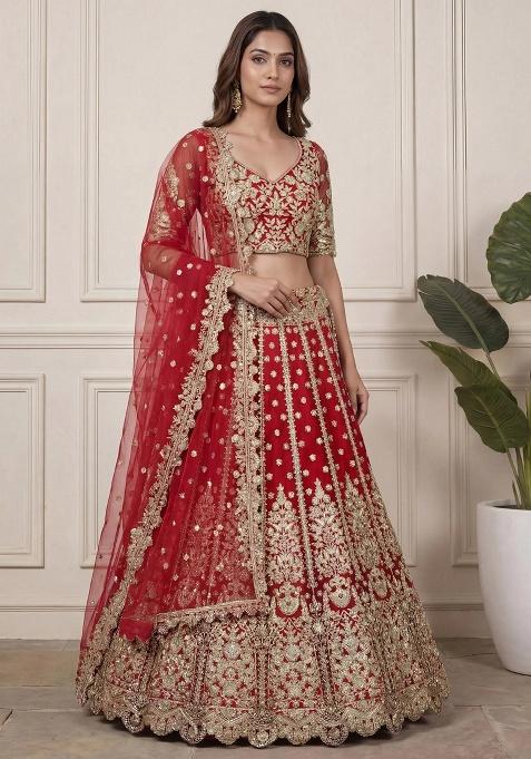 Red Zari Work Net Lehenga Set