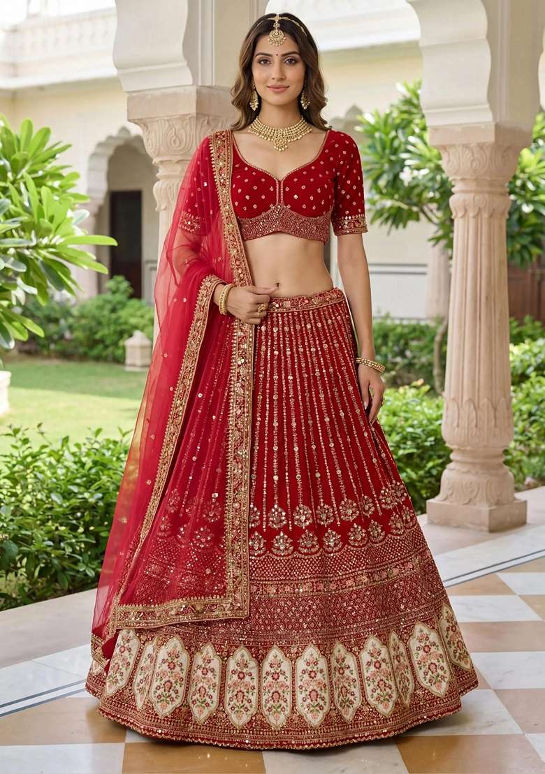 Maroon Organza Lehenga Set with Sequins for Diwali | Wedding & Festive Wear - Indya