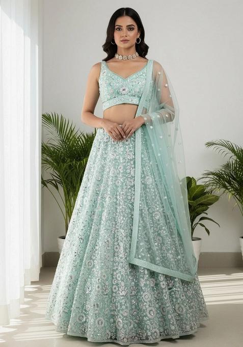 Green Sequins Net Lehenga Set