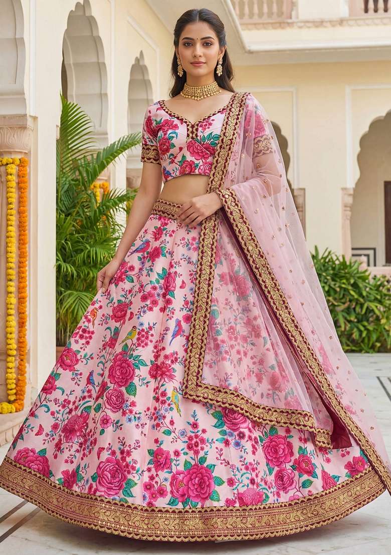 Pink Silk Blend Lehenga Set with Sequins for Diwali | Wedding & Festive Wear - Indya