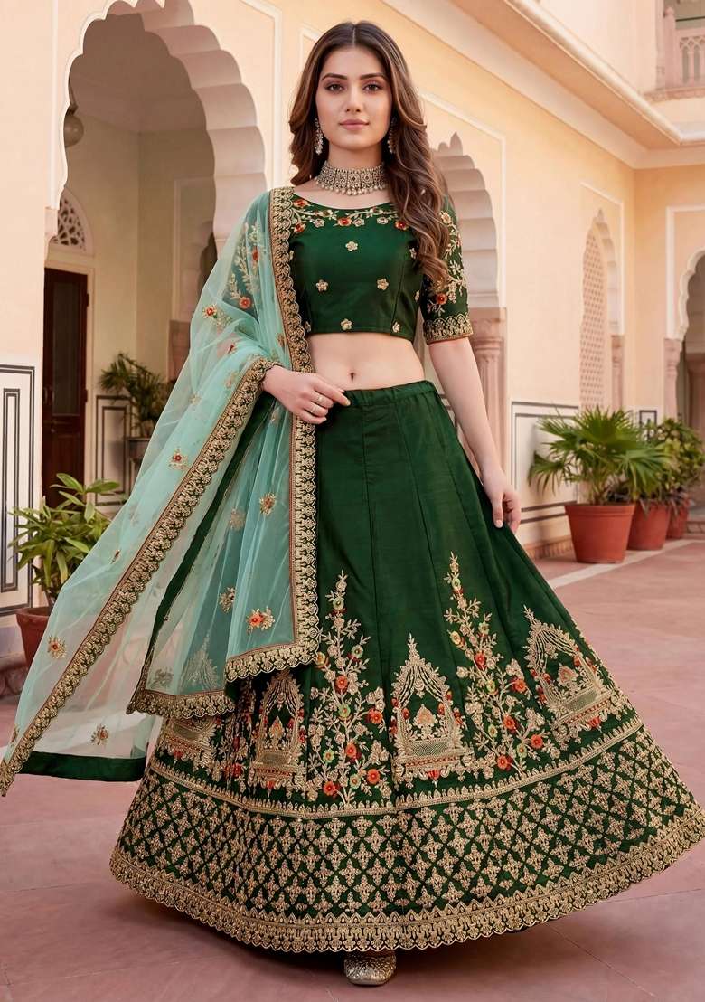 Green Embroidery Silk Blend Lehenga Set for Diwali and Festive Wear - Indya