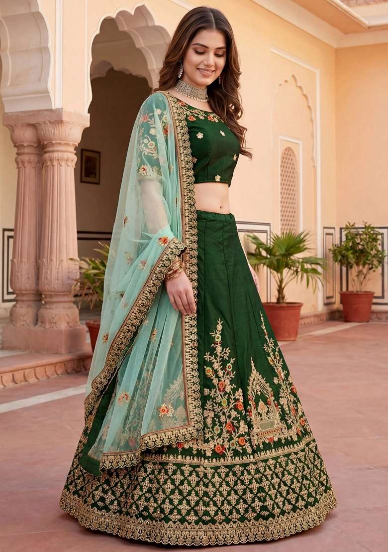 Green Embroidery Silk Blend Lehenga Set for Diwali and Festive Wear - Indya