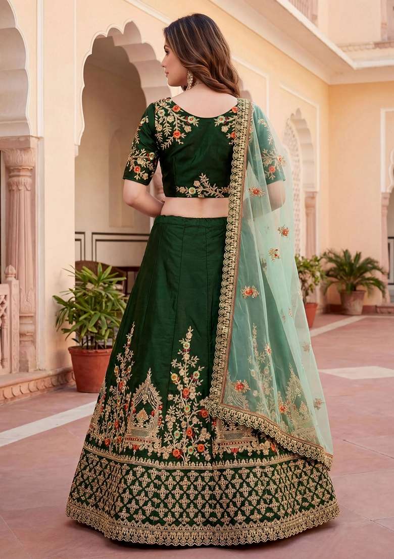 Green Embroidery Silk Blend Lehenga Set for Diwali and Festive Wear - Indya