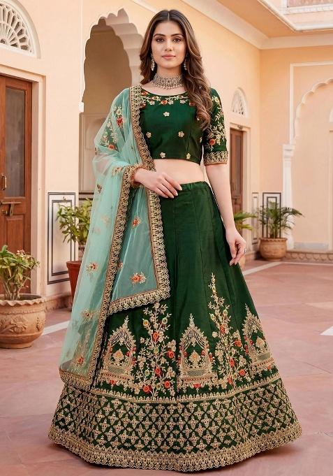 Green Embroidery Silk Lehenga Set — view on Indya