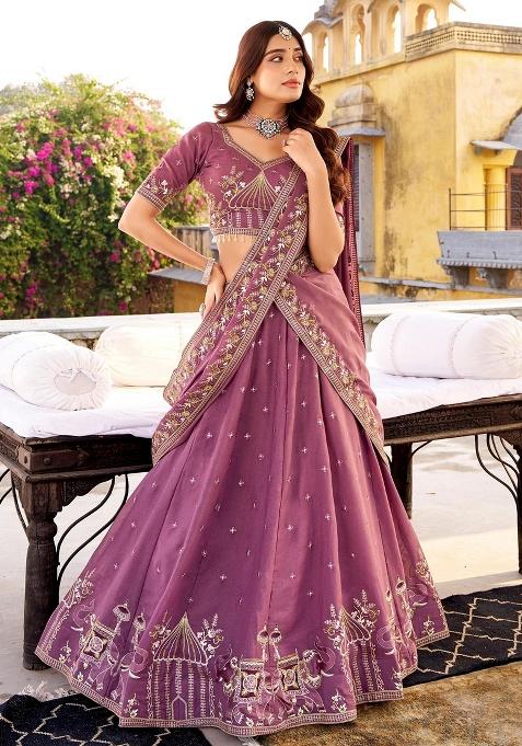 Lavender Embroidery Silk Lehenga Set — view on Indya