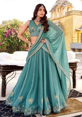 Sky Blue Embroidery Silk Lehenga Set