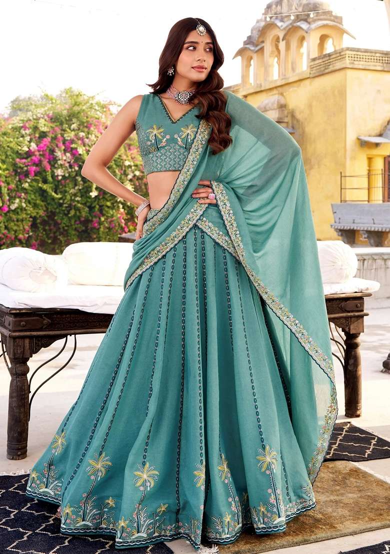 Sky Blue Silk Blend Lehenga Set with Embroidery for Diwali | Wedding & Festive Wear - Indya