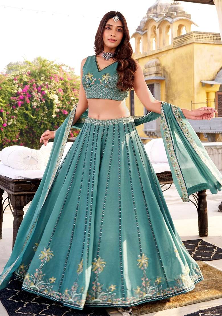 Sky Blue Silk Blend Lehenga Set with Embroidery for Diwali | Wedding & Festive Wear - Indya