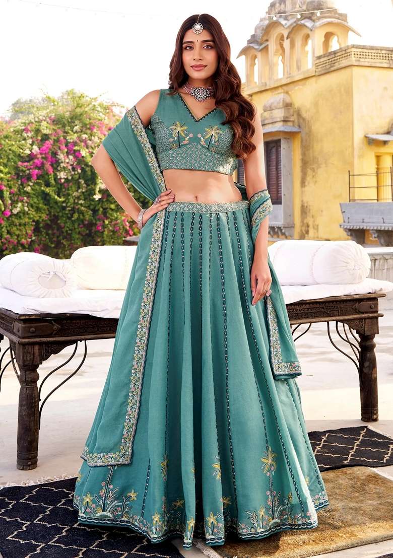 Sky Blue Silk Blend Lehenga Set with Embroidery for Diwali | Wedding & Festive Wear - Indya