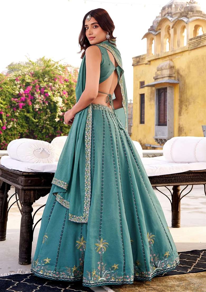Sky Blue Silk Blend Lehenga Set with Embroidery for Diwali | Wedding & Festive Wear - Indya