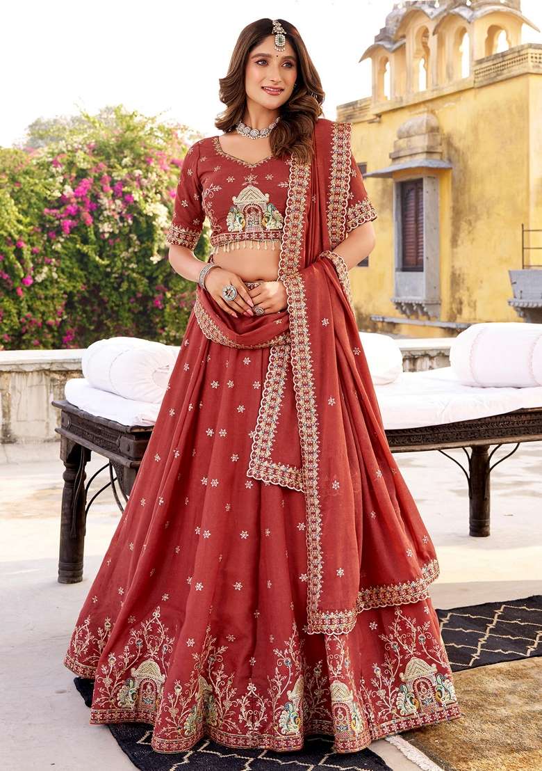 Orange Embroidery Silk Blend Lehenga Set for Diwali and Festive Wear - Indya