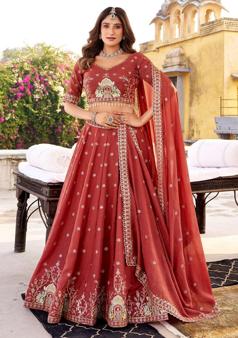 Orange Embroidery Silk Blend Lehenga Set for Diwali and Festive Wear - Indya