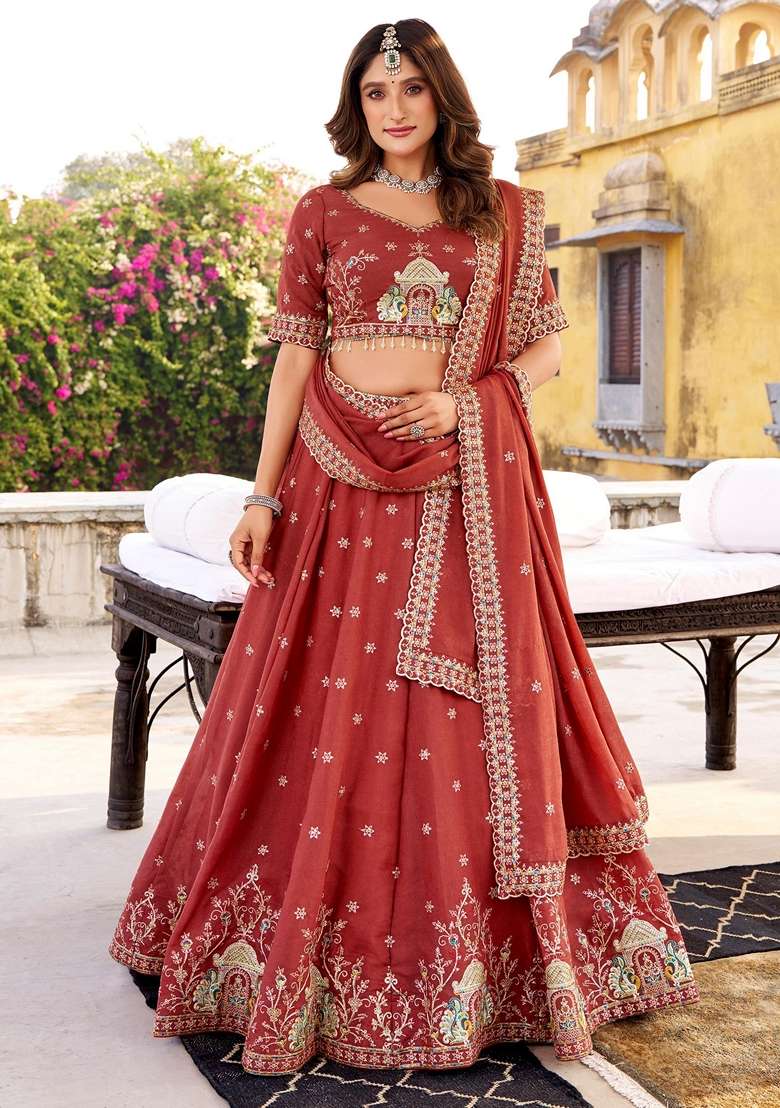 Orange Embroidery Silk Blend Lehenga Set for Diwali and Festive Wear - Indya