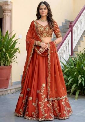 Orange Embroidery Silk Lehenga Set