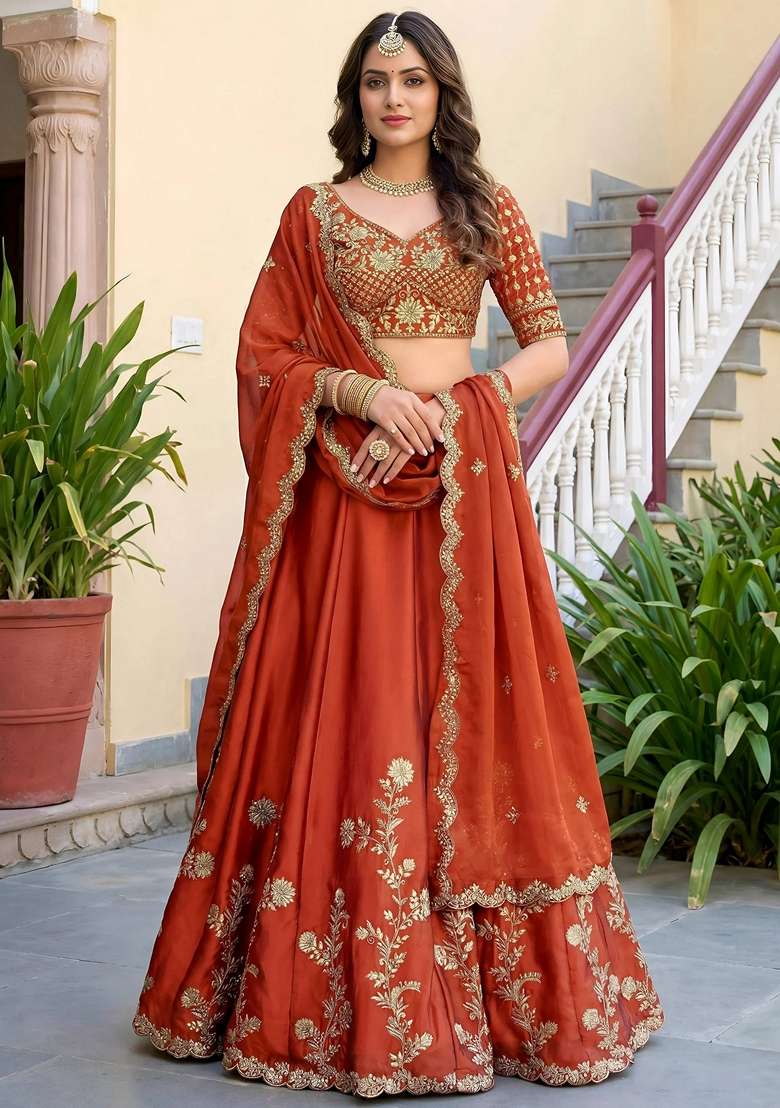 Orange Embroidery Silk Blend Lehenga Set for Diwali and Festive Wear - Indya